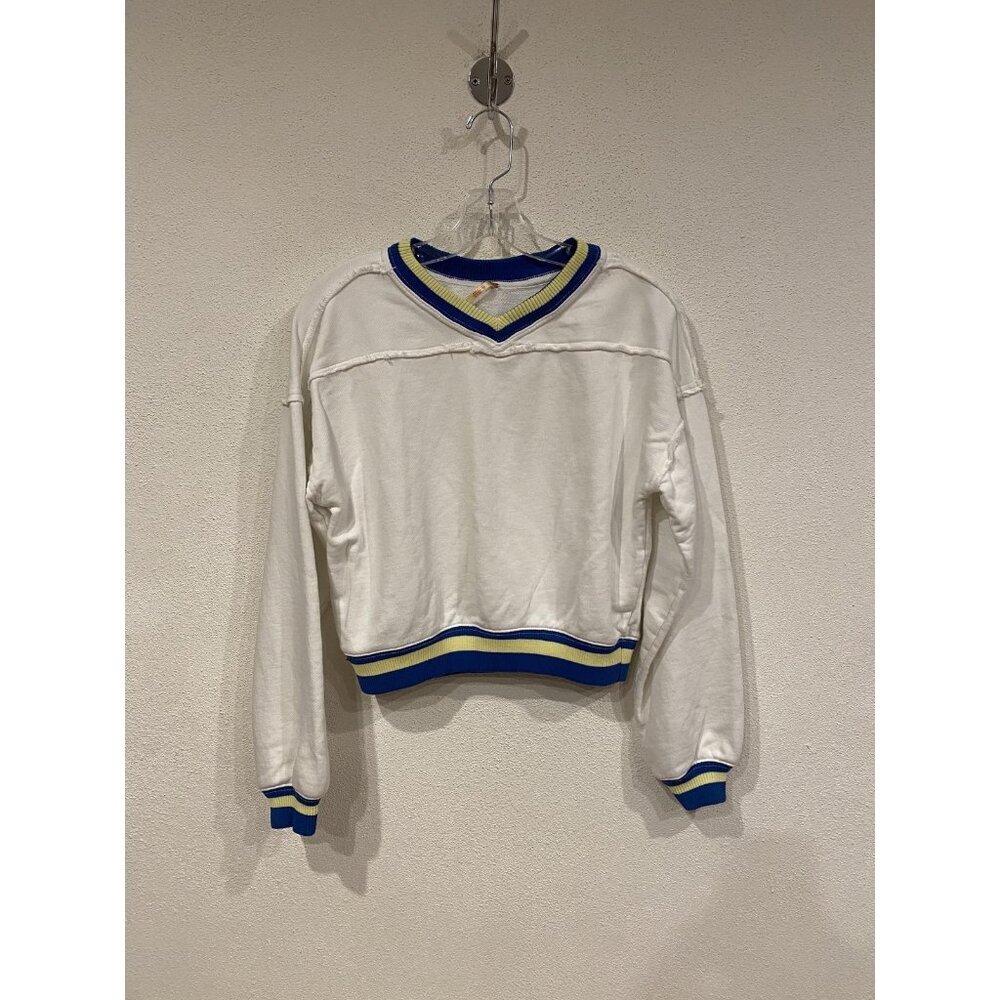 Free People Rio Sweatshirt Womens XS White Blue V Neck Varsity Cropped Pullover - Picture 2 of 4